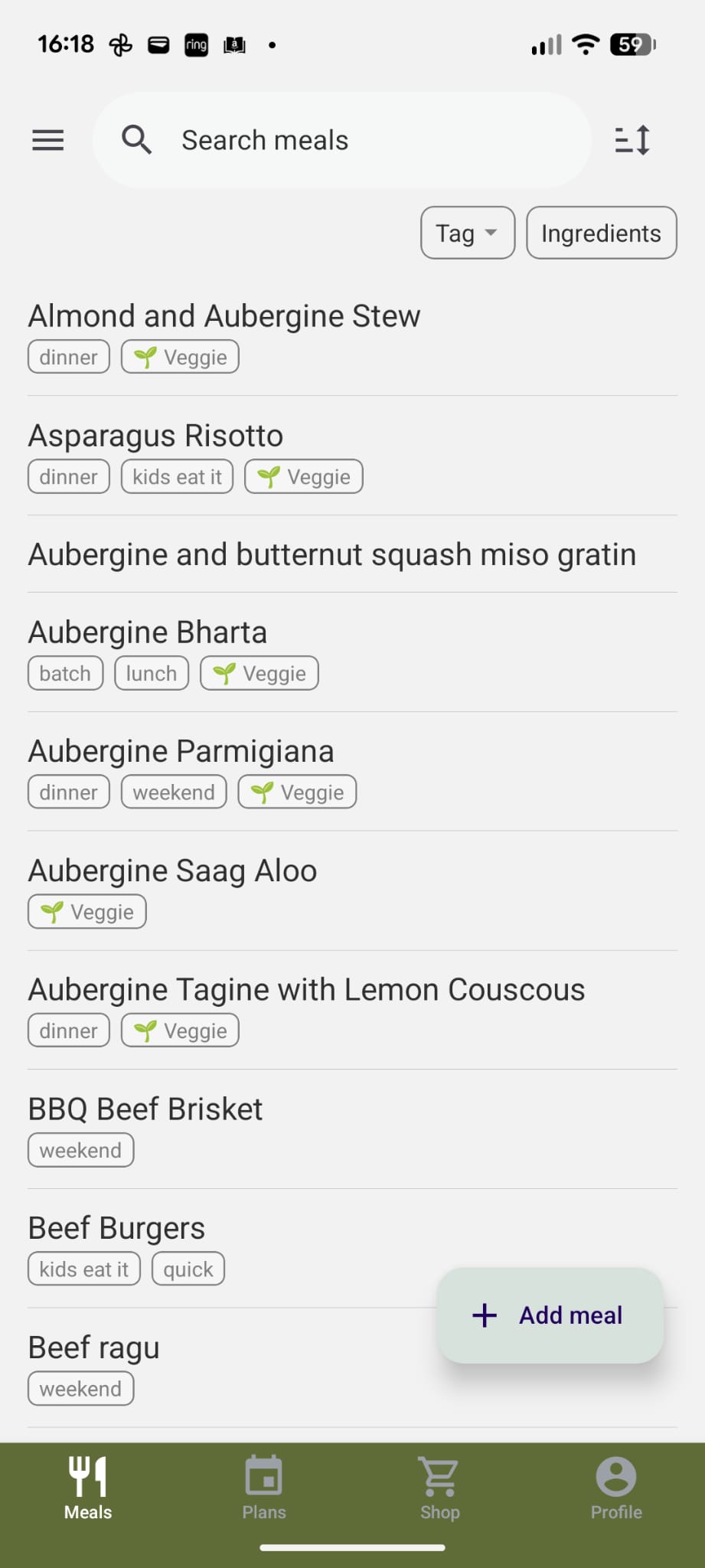 Rooted saved recipes screen
