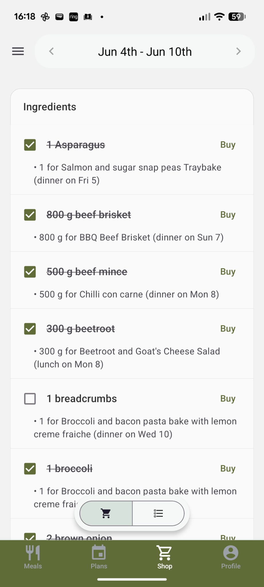 Rooted shopping list screen